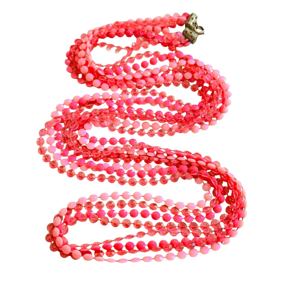 VTG Pink Lucite Beads Multi Necklace Retro Hong Kong statement Flapper Long 52"‎